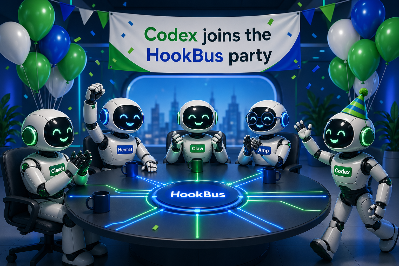 Claude, Hermes, Claw, Codex, and Amp robots celebrating Codex joining HookBus