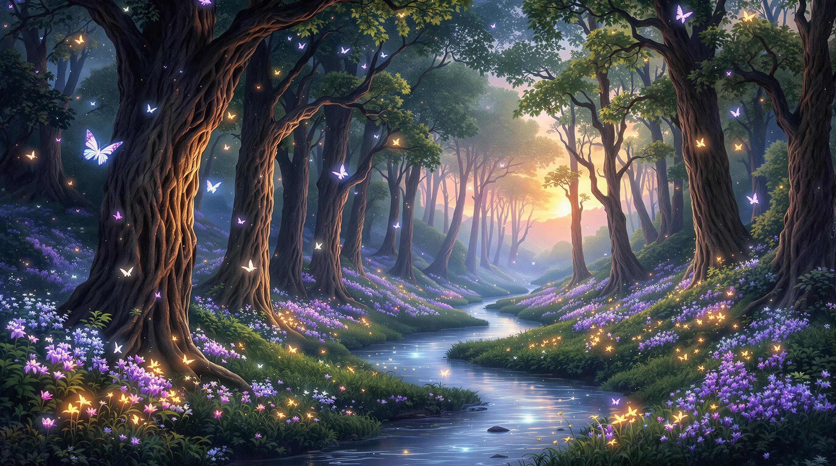 A dense, enchanted forest scene at twilight, with bioluminescent flowers casting a soft glow on the forest floor. Tall trees with intricate bark pa...