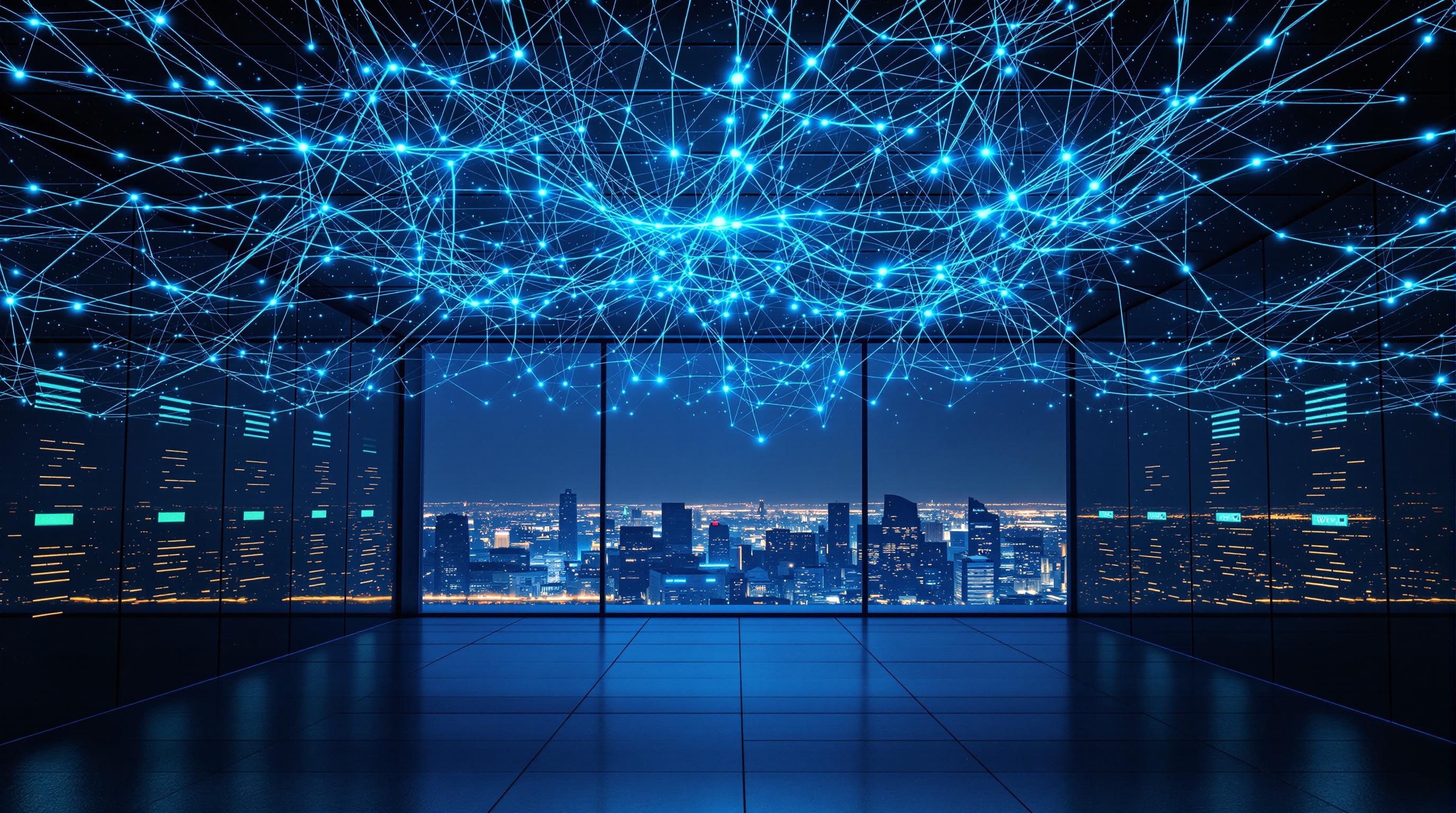A sprawling neural network sprawling across the ceiling of a dimly lit server room. The network is composed of pulsating blue and green nodes that ...